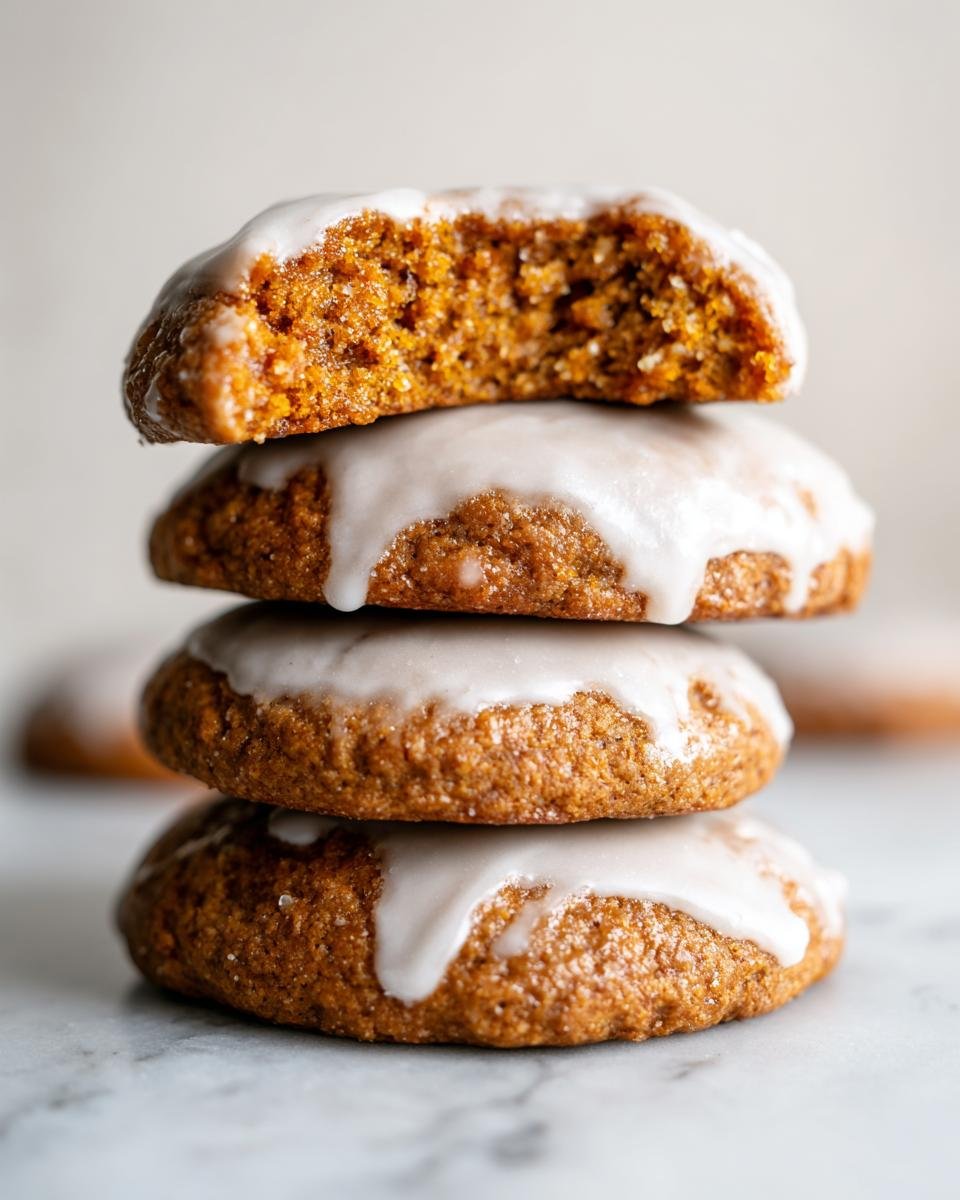 A stack of four soft Glazed Pumpkin Cookies, with the top one broken open to show the moist interior.