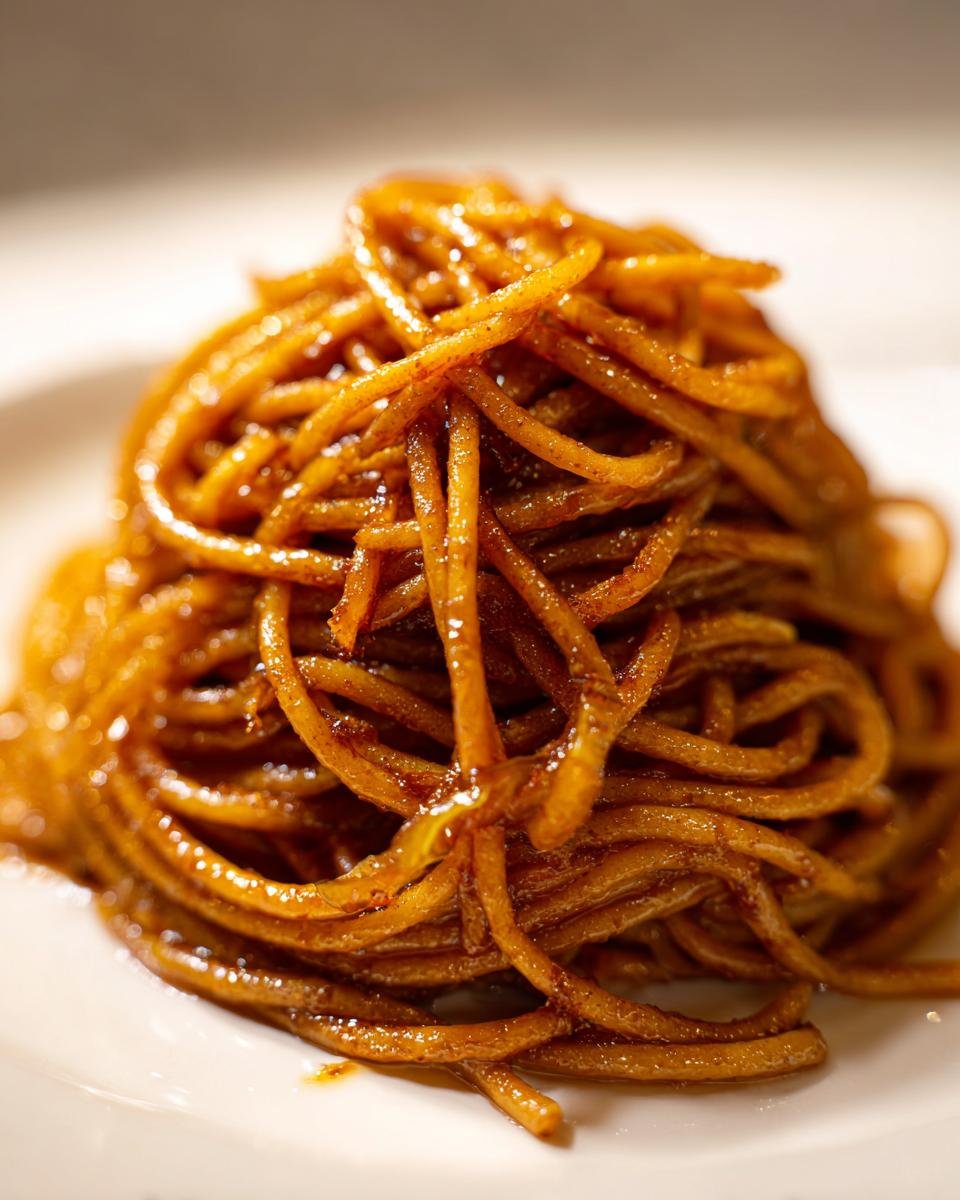 A close-up, glossy mound of spaghetti coated in a rich, dark sauce, representing Caramelized Onion Pasta.