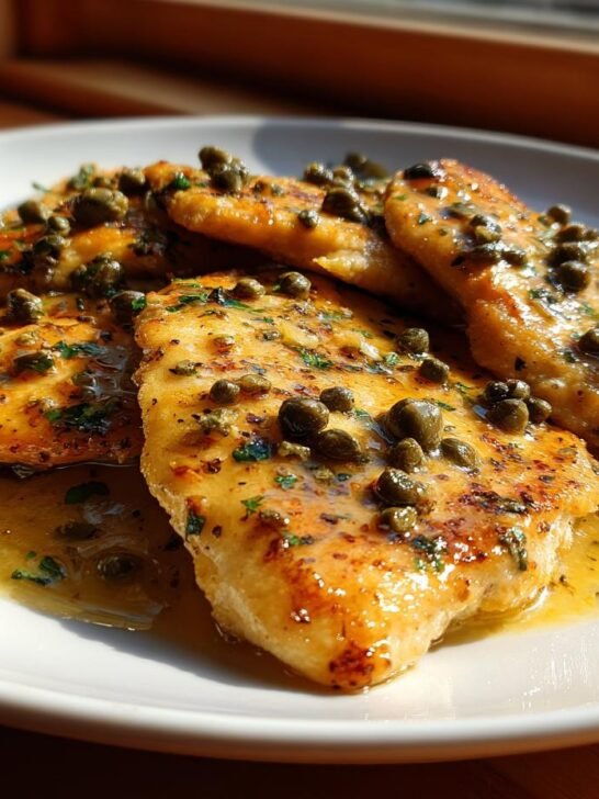 Four golden-brown pieces of Chicken Scallopini covered in a lemon-butter sauce and topped generously with capers.