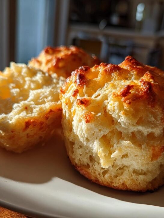 Close-up of two golden-brown, textured English Muffins, one split open, resting on a white plate.