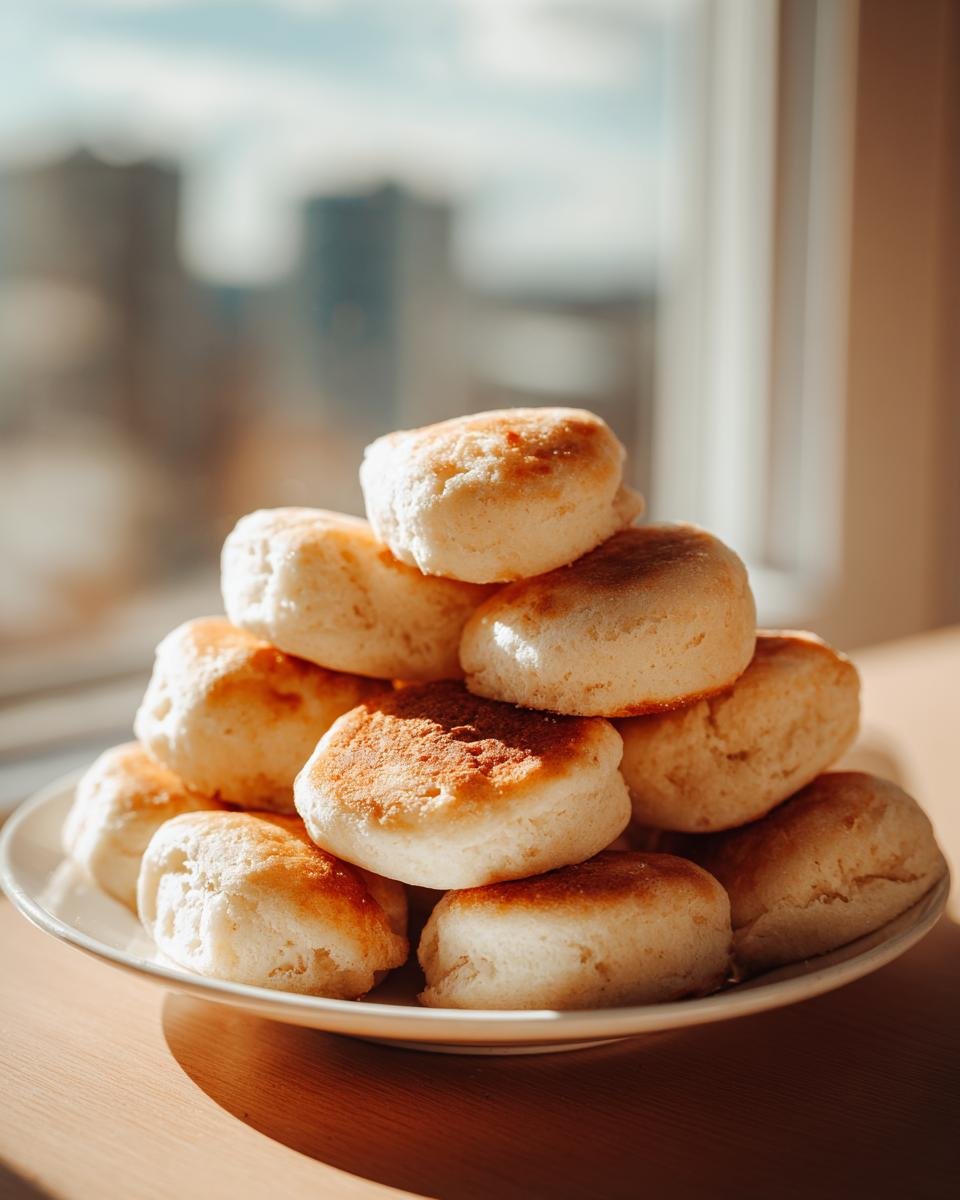 A stack of fluffy, golden brown Pancake Bites piled high on a white plate near a sunny window.