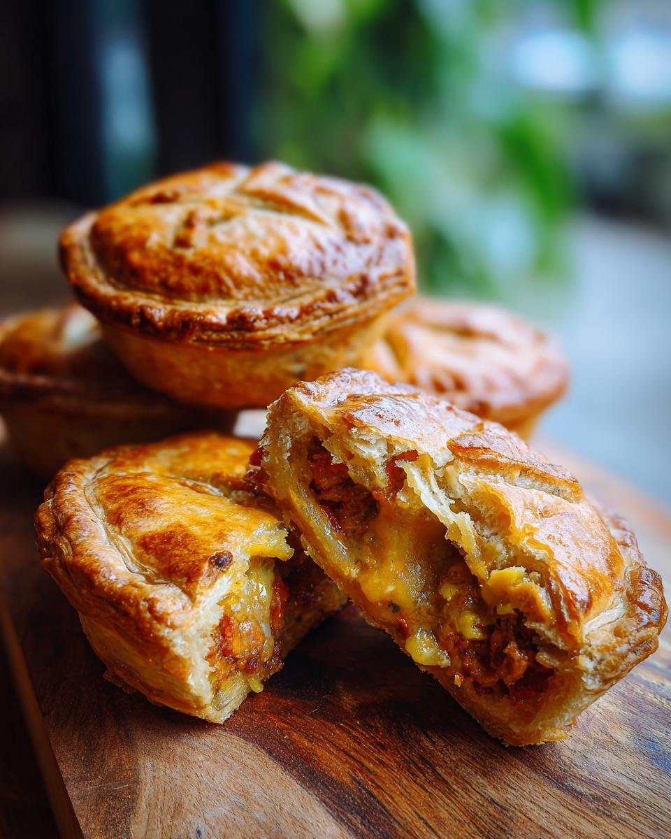 Close-up of a golden-crusted Pizza Pot Pie cut in half, revealing a cheesy, savory filling.
