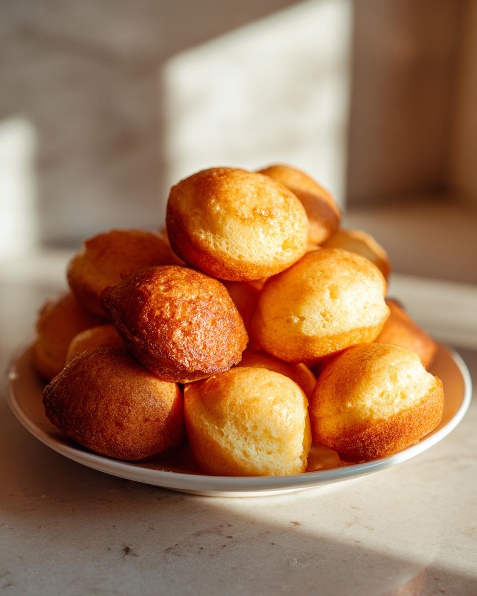A warm stack of golden brown Pancake Bites piled high on a white plate, bathed in sunlight.