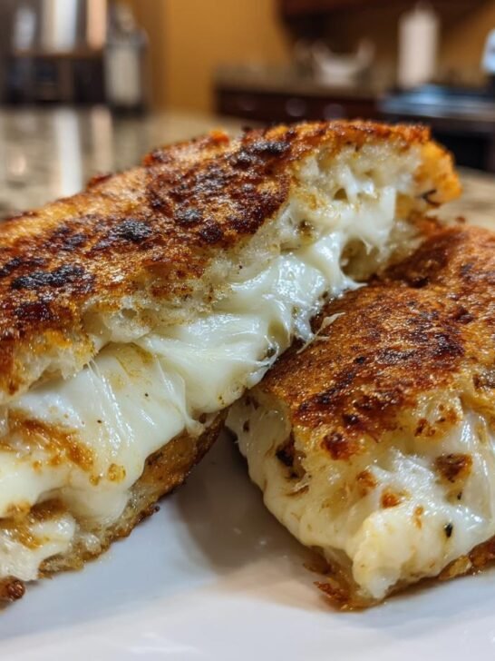 Close-up of Mozzarella In Carrozza cut open, showing melted, gooey mozzarella cheese spilling out.