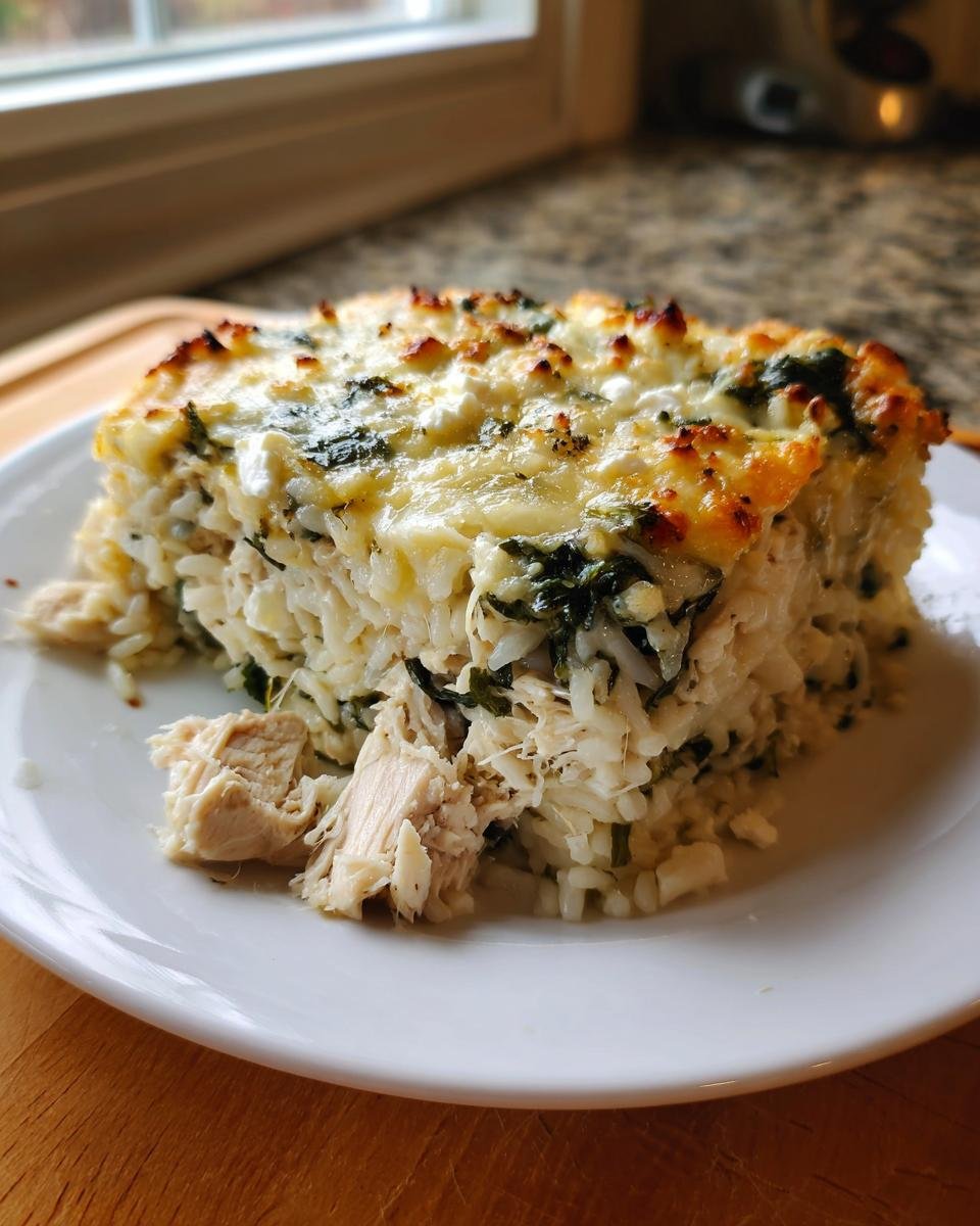 A square serving of Greek Chicken Casserole featuring rice, shredded chicken, spinach, and a browned cheesy topping.