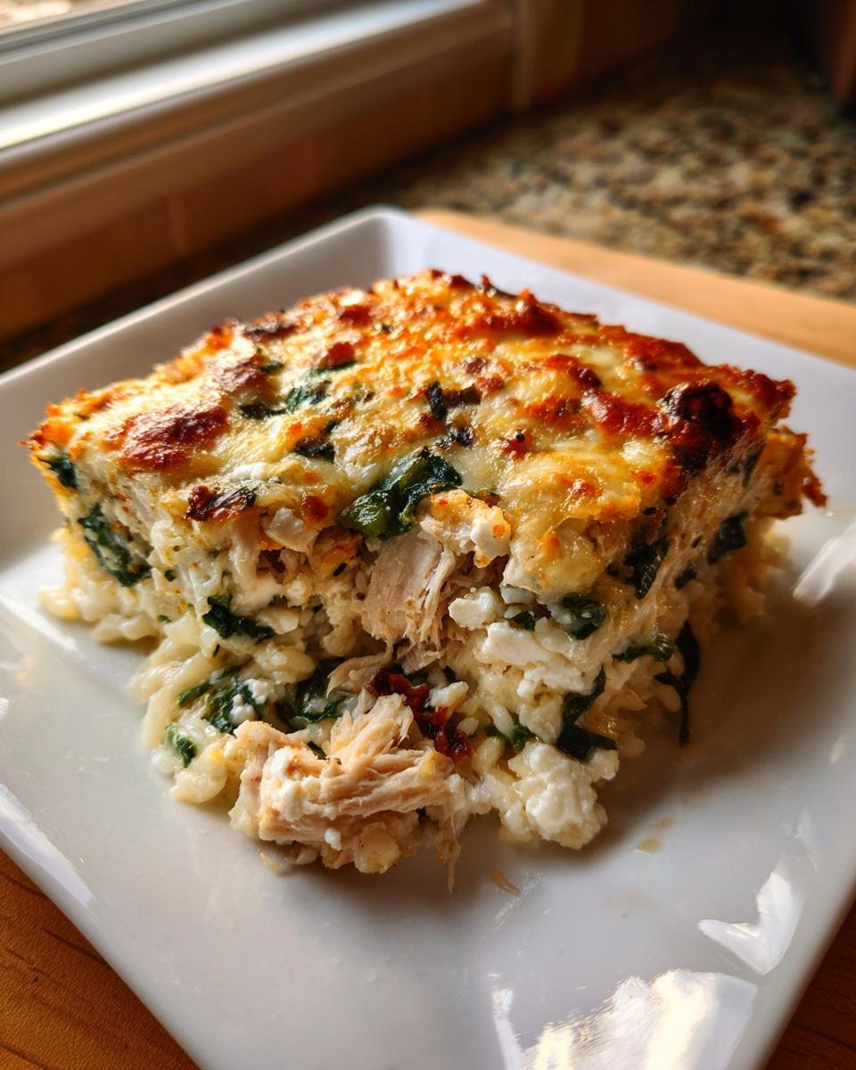 A close-up, square slice of Greek Chicken Casserole featuring rice, shredded chicken, spinach, and a bubbly, browned cheese topping.