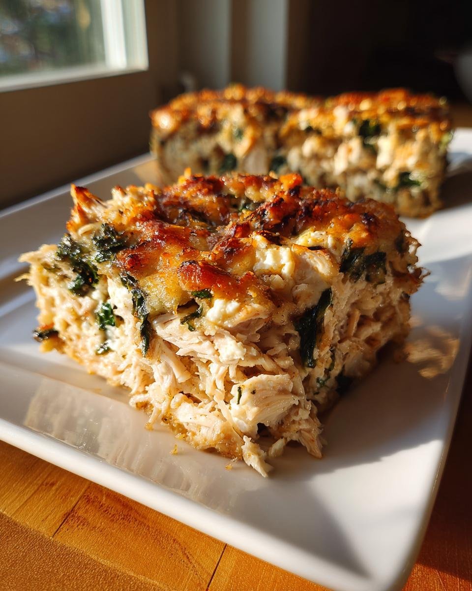 A close-up serving of the Amazing Greek Chicken Casserole, showing shredded chicken, spinach, and a browned, cheesy top.