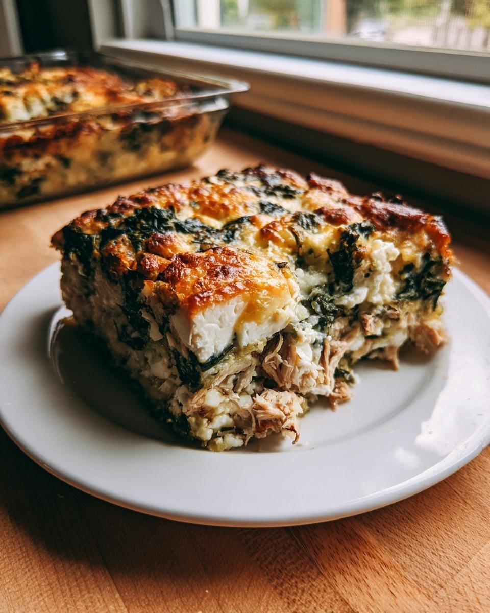A thick slice of baked Greek Chicken Casserole with visible layers of shredded chicken, spinach, and a golden, cheesy top.