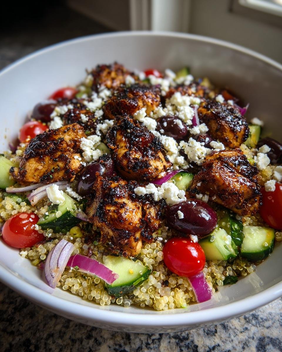 A close-up of a Greek Chicken Quinoa Bowl topped with charred chicken, feta cheese, olives, cucumber, and tomatoes.