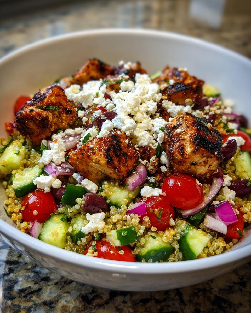 Close-up of a vibrant Greek Chicken Quinoa Bowl topped with grilled chicken, feta cheese, tomatoes, and cucumbers.