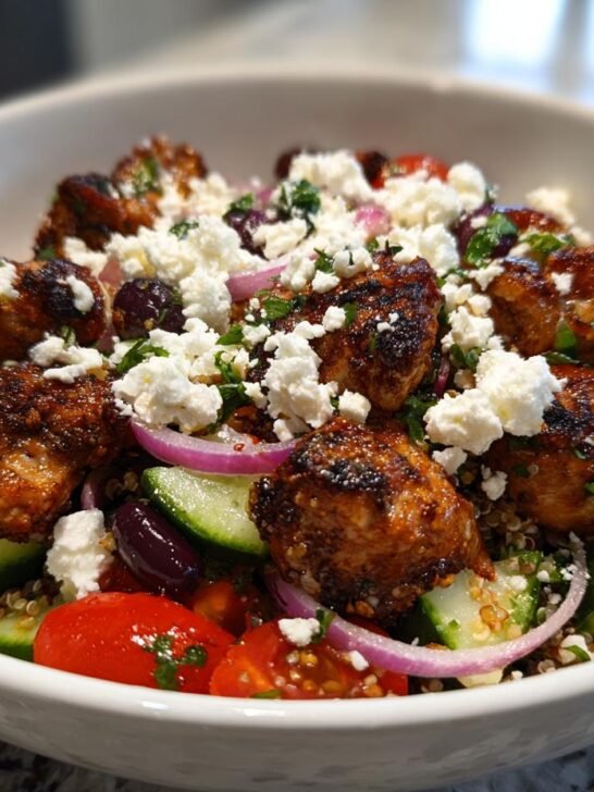 A vibrant Greek Chicken Quinoa Bowl topped with crumbled feta, cucumbers, tomatoes, and olives.