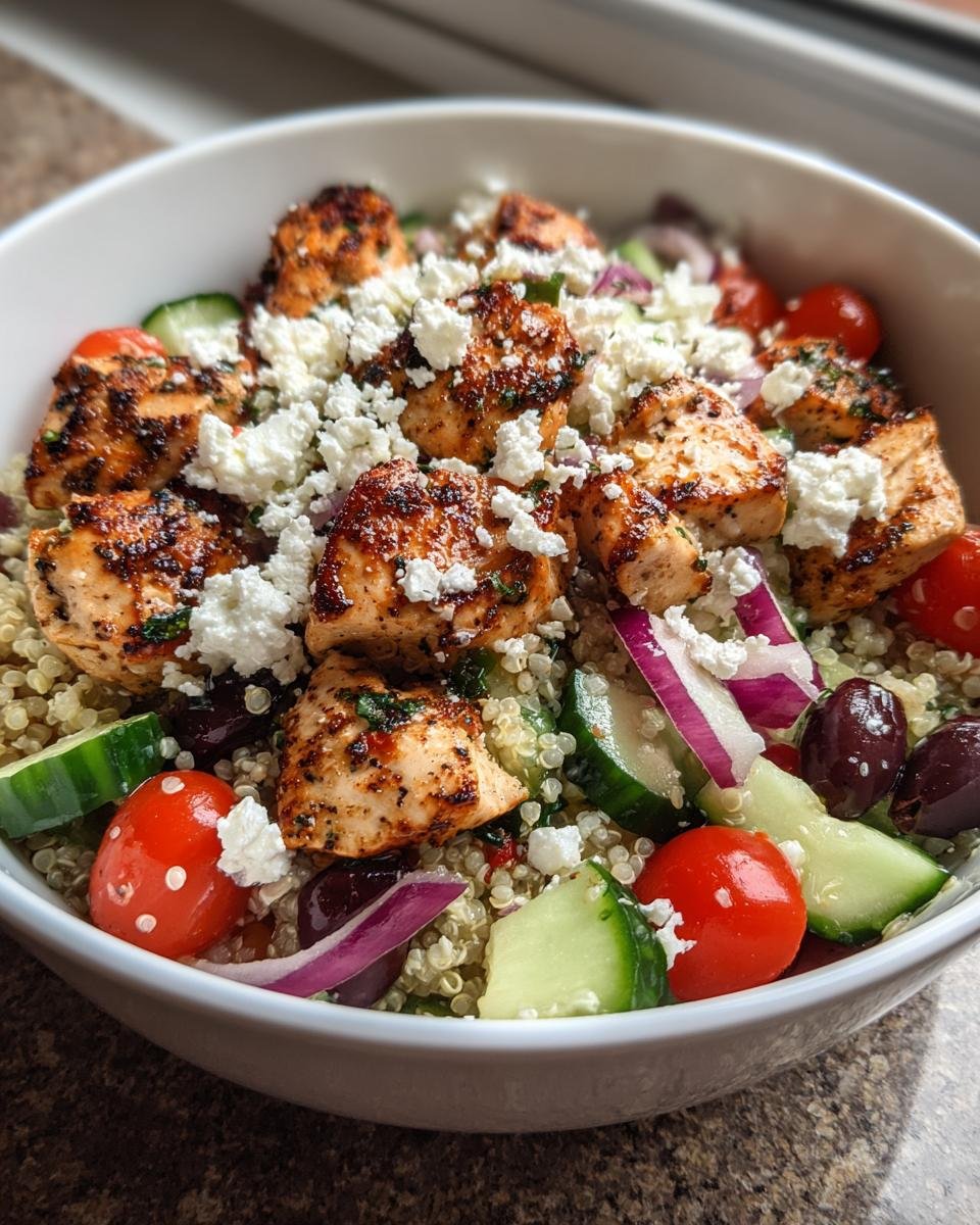 A close-up view of a Greek Chicken Quinoa Bowl topped with seasoned chicken, feta cheese, cucumbers, tomatoes, and olives.