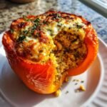 A close-up view of a baked orange Greek Chicken Stuffed Peppers, overflowing with seasoned rice and topped with melted, browned cheese and herbs.