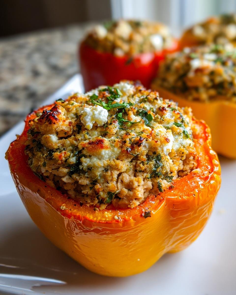 A close-up of a vibrant yellow Greek Chicken Stuffed Pepper, topped with browned cheese and fresh parsley.