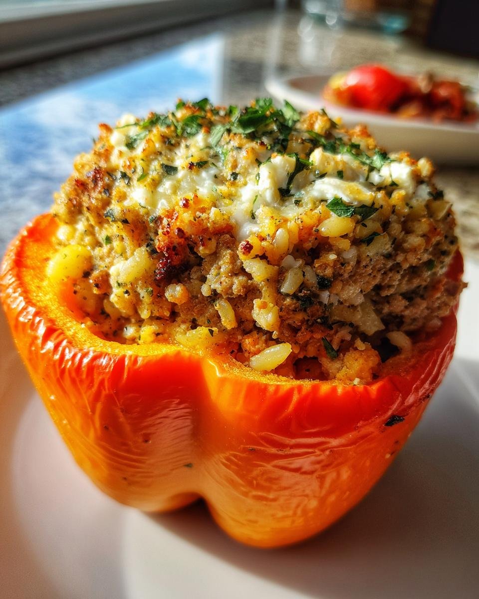 Close-up of a bright orange Greek Chicken Stuffed Pepper overflowing with savory rice and chicken filling, topped with feta and herbs.