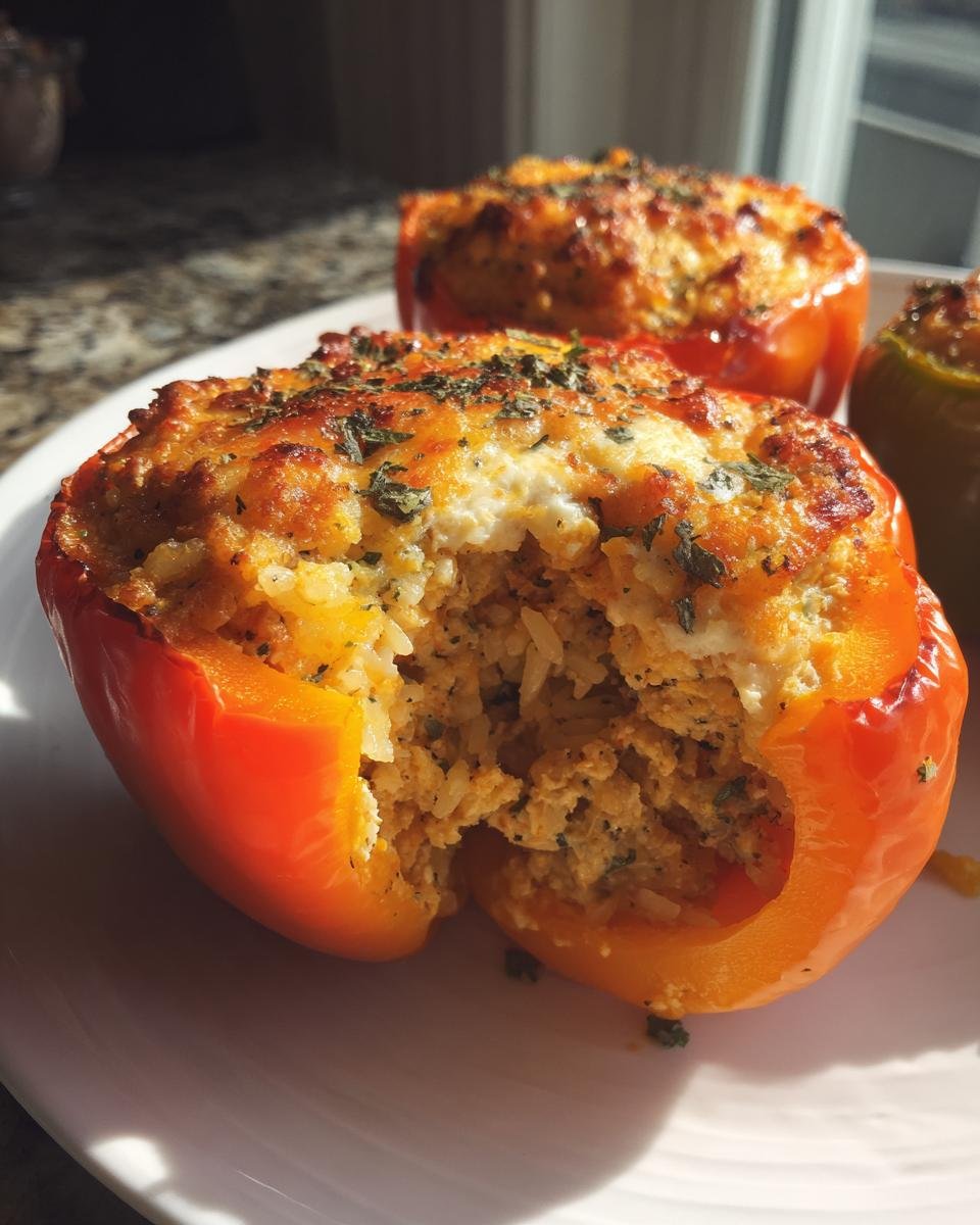 A close-up of a halved Greek Chicken Stuffed Peppers showing the rice and chicken filling topped with melted, browned cheese and herbs.