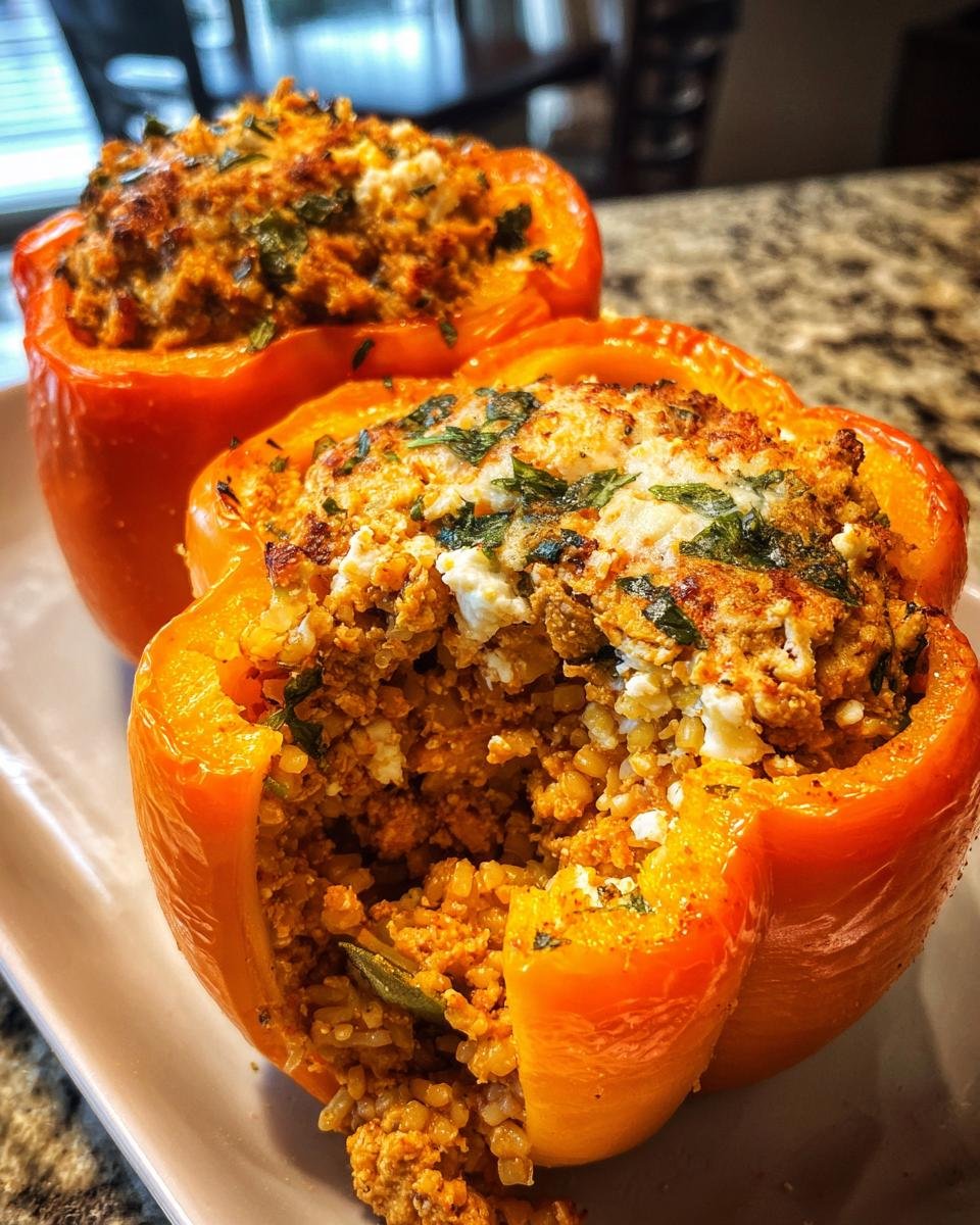 Close-up of two baked orange Greek Chicken Stuffed Peppers overflowing with savory filling and feta cheese.