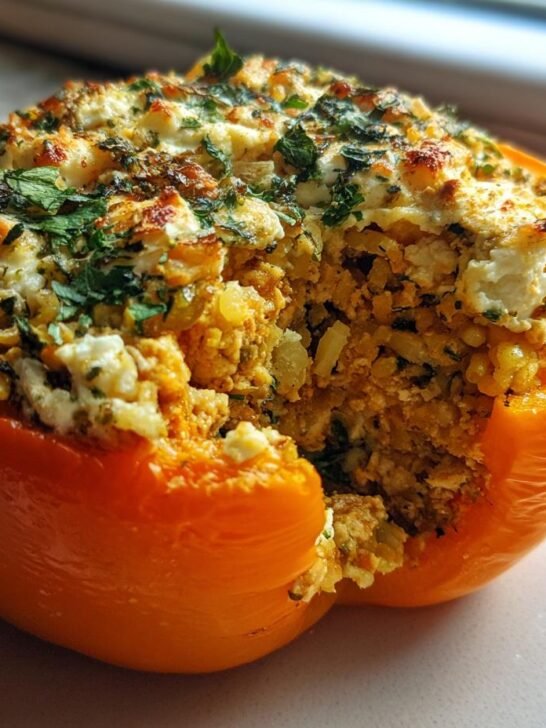 A vibrant orange Greek Chicken Stuffed Peppers half, generously filled with rice and chicken mixture and topped with melted feta and herbs.