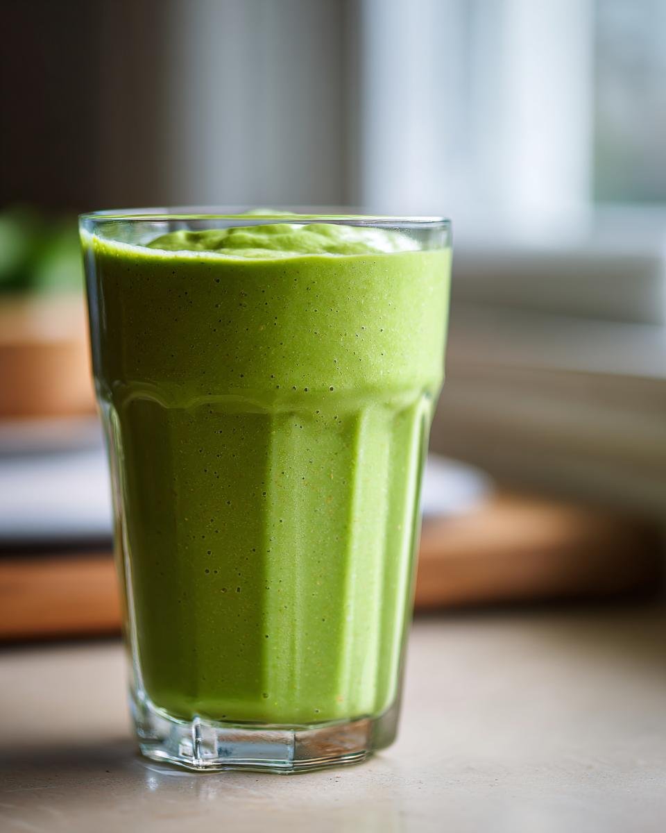 A close-up of a thick, vibrant Green Avocado Smoothie served in a tall, clear glass.