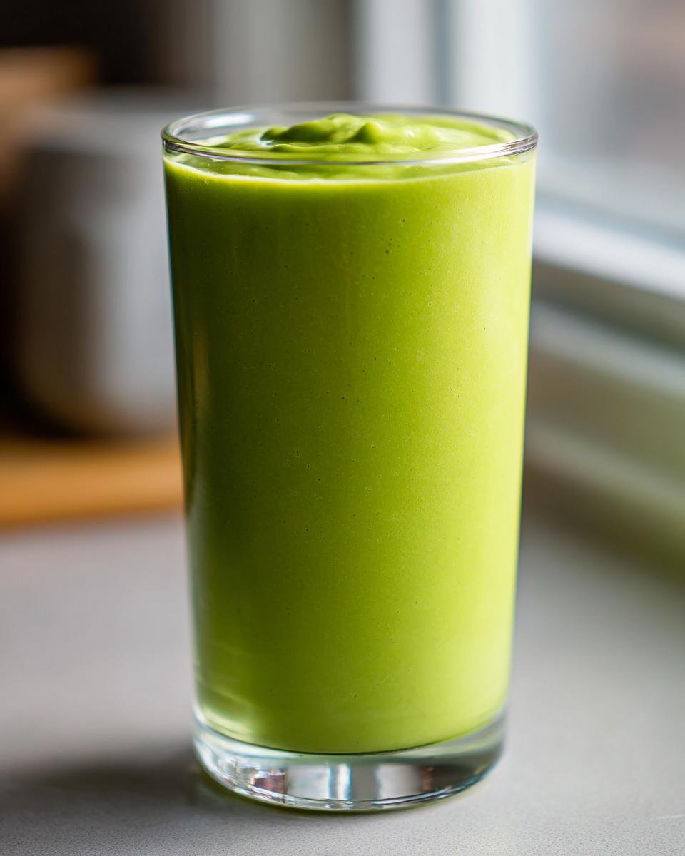 A tall glass filled with a thick, vibrant Green Avocado Smoothie, showing a creamy texture.