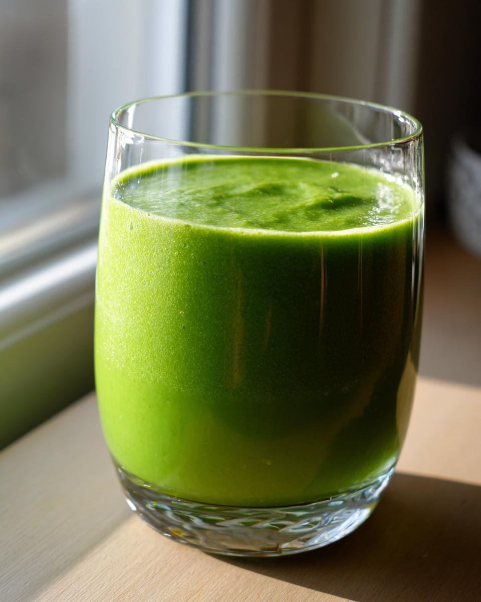 Close-up of a vibrant Green Avocado Smoothie in a clear glass, brightly lit by sunlight.