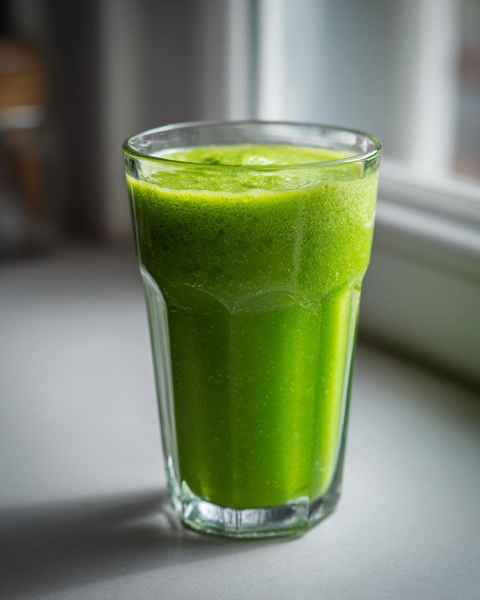 A tall glass filled with a vibrant, frothy Green Avocado Smoothie sitting on a light surface near a window.