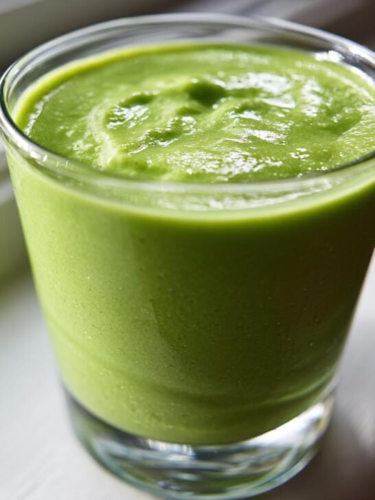 Close-up of a thick, vibrant Green Avocado Smoothie served in a clear glass.