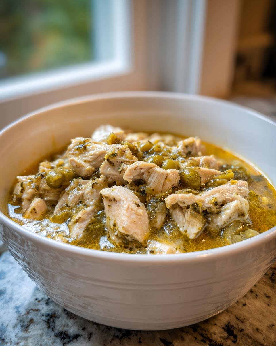 Close-up of tender chicken chunks in a savory, green chile sauce in a white bowl.