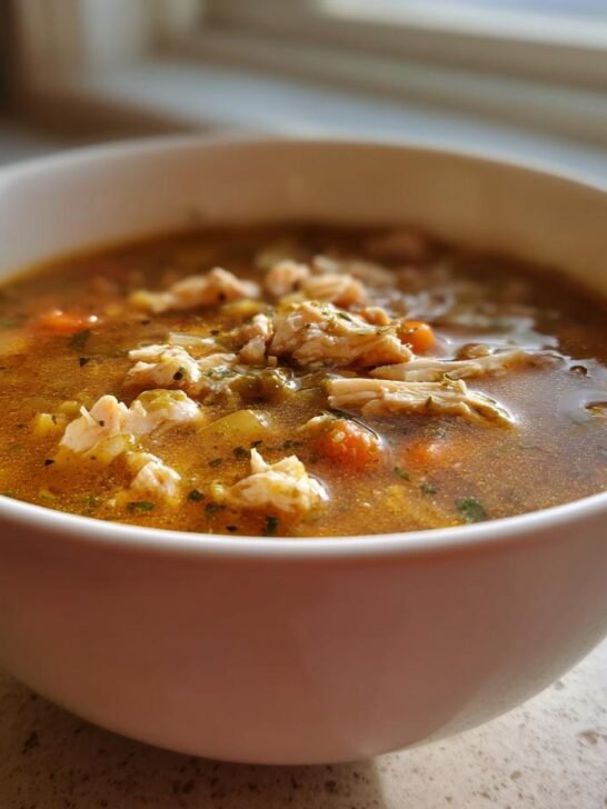 A close-up of a white bowl filled with rich, savory Green Chile Chicken Stew, topped with shredded chicken.