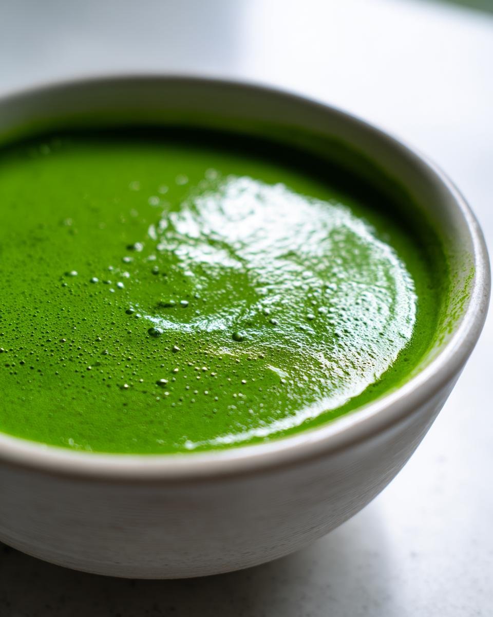 Close-up of a vibrant, frothy Green Detox Soup served in a light-colored bowl.