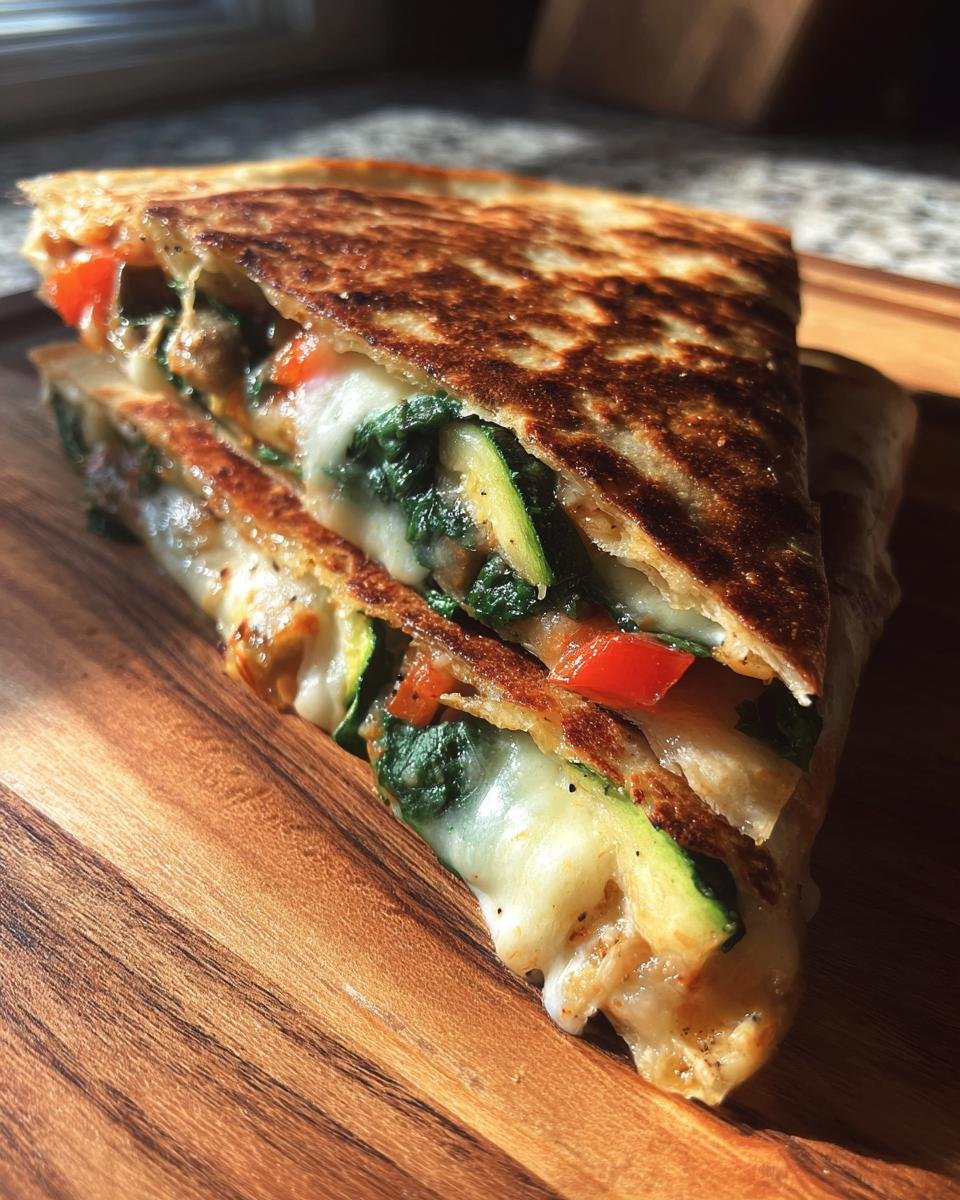 Close-up of a grilled Mediterranean Veggie Quesadillas slice showing melted white cheese, spinach, and zucchini.