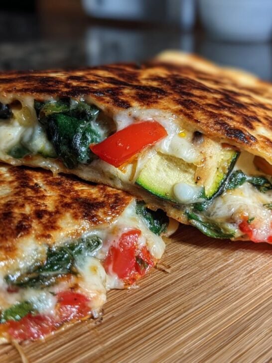 Close-up of two halves of Grilled Mediterranean Veggie Quesadillas showing melted cheese and colorful vegetables.