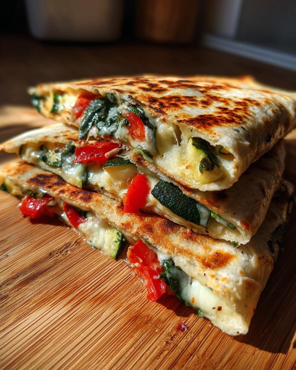 Three stacked wedges of Grilled Mediterranean Veggie Quesadillas showing melted cheese, zucchini, and red peppers inside.