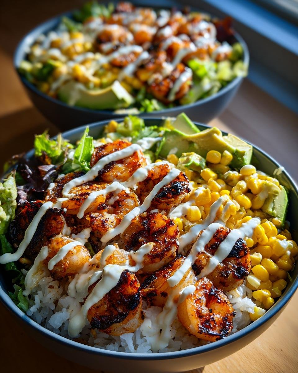 Close-up of a Grilled Shrimp Bowl With Avocado Corn Salsa, featuring grilled shrimp over rice drizzled with creamy sauce.