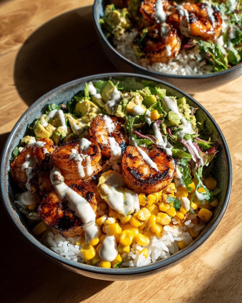 Close-up of a Grilled Shrimp Bowl With Avocado Corn Salsa, featuring grilled shrimp, corn, rice, and creamy sauce.