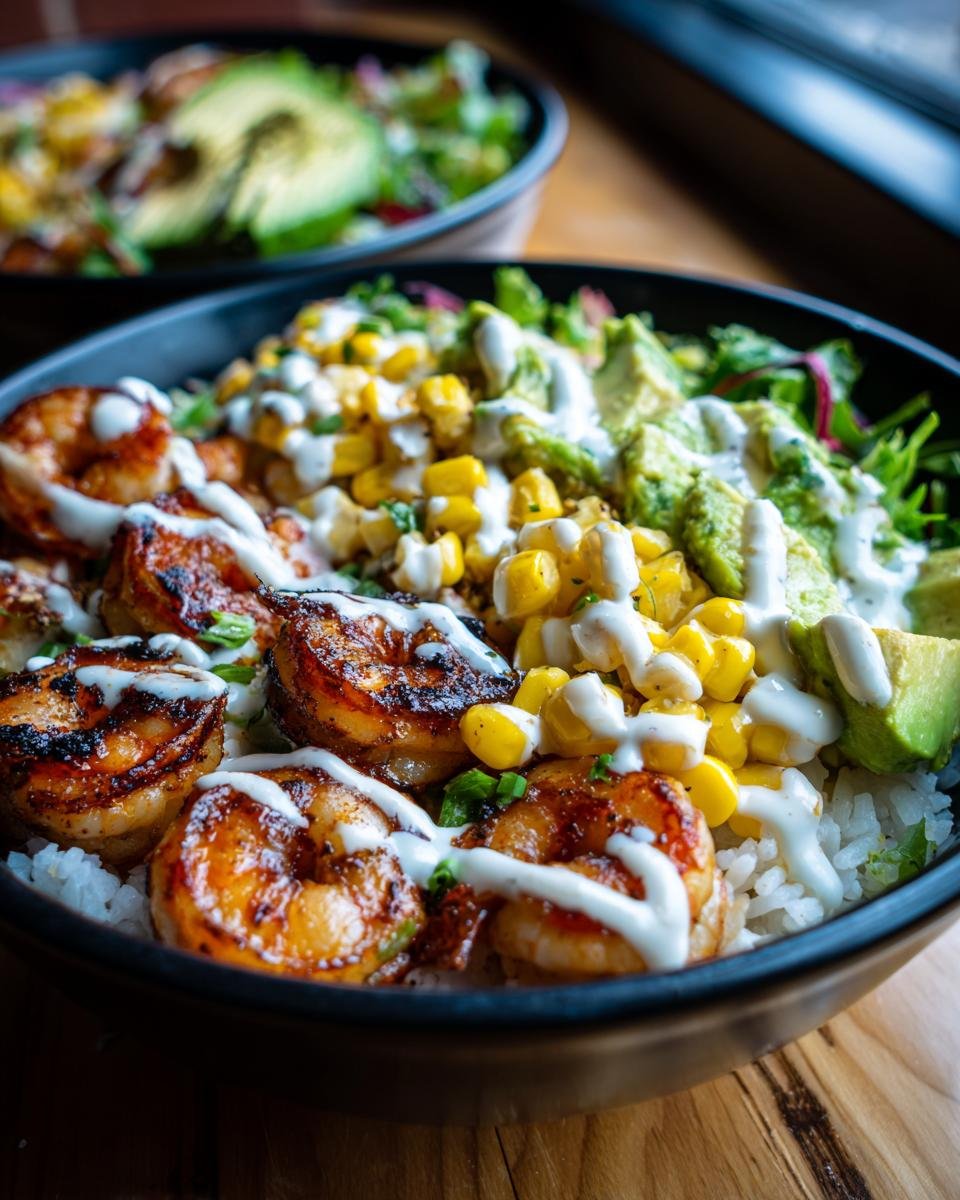 Close-up of a Grilled Shrimp Bowl With Avocado Corn Salsa, featuring grilled shrimp, corn, avocado, and a creamy sauce over rice.