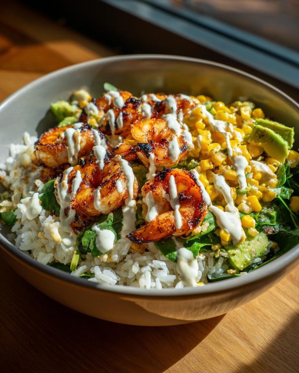 Close-up of a Grilled Shrimp Bowl With Avocado Corn Salsa, featuring grilled shrimp over rice and greens, drizzled with creamy sauce.