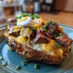 Close-up of a baked potato loaded with grilled steak bites, melted cheddar cheese, sour cream, and chives.