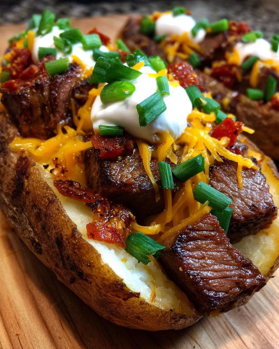 Close-up of a baked potato loaded with grilled steak bites, shredded cheese, sour cream, and green onions.