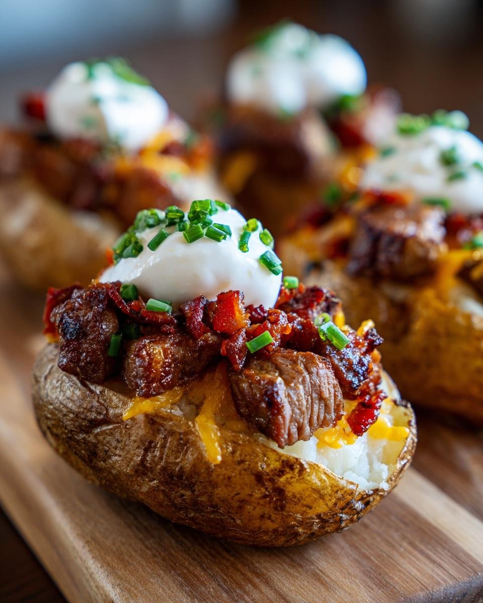 A close-up of one of the Grilled Steak Bite Loaded Potatoes, topped with steak, cheese, sour cream, and chives.