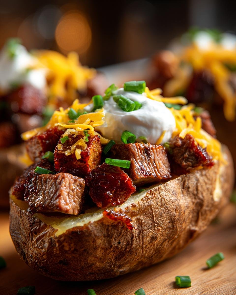 A close-up of a baked potato generously topped with grilled steak bites, shredded cheese, sour cream, and chives, showcasing the Grilled Steak Bite Loaded Potatoes.