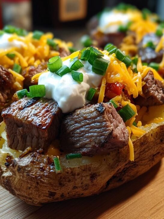 Close-up of a baked potato loaded with grilled steak bites, sour cream, shredded cheese, and chives, showcasing the Grilled Steak Bite Loaded Potatoes.