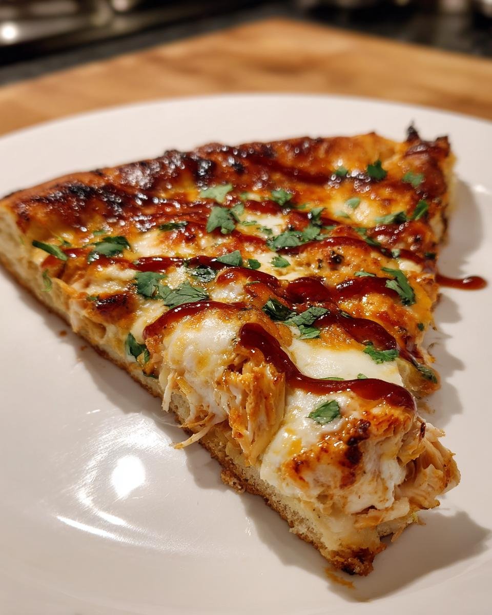 Close-up of a thick slice of Grilled Summer Bbq Chicken Pizza featuring shredded chicken, melted mozzarella, and a drizzle of BBQ sauce.