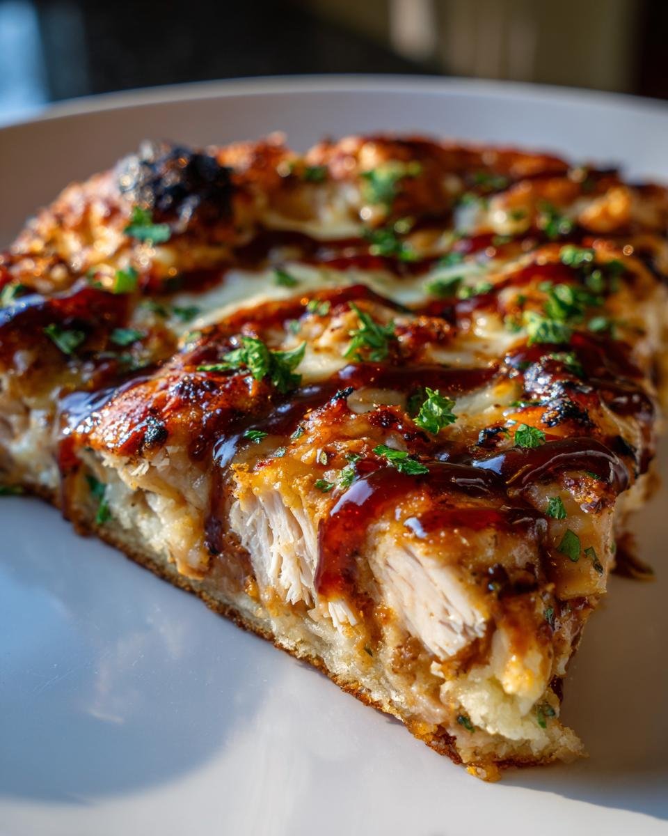 Close-up of a thick slice of Grilled Summer Bbq Chicken Pizza showing shredded chicken, melted cheese, and BBQ sauce drizzle.