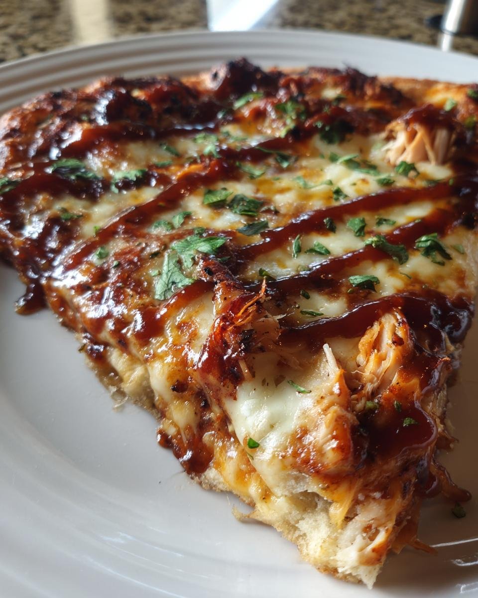 Close-up of a thick slice of Grilled Summer Bbq Chicken Pizza, showing melted cheese, shredded chicken, and a drizzle of BBQ sauce.