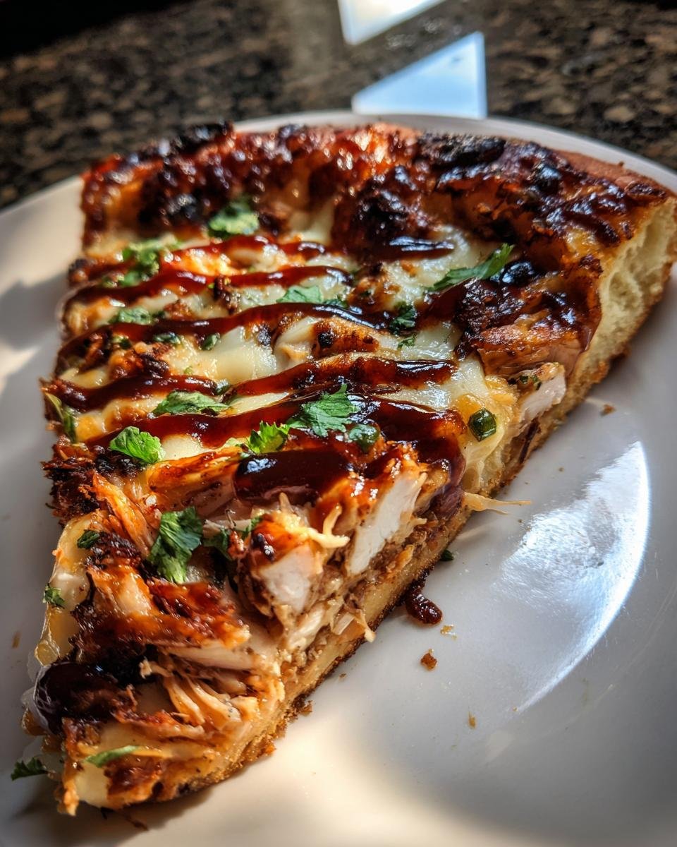 Close-up of a thick slice of Grilled Summer Bbq Chicken Pizza topped with melted cheese and sauce.