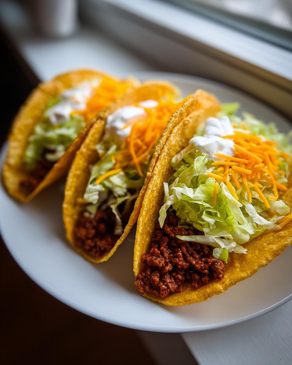 Three crispy tacos filled with seasoned ground turkey, shredded lettuce, cheese, and sour cream, ready for eating.