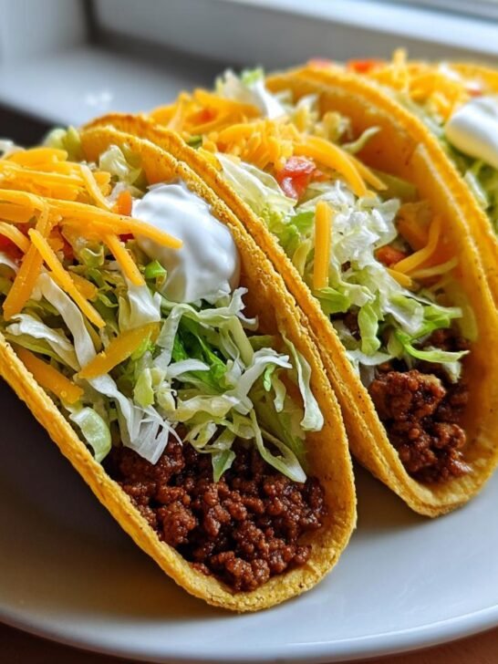 Three fully loaded, crispy shell Ground Turkey Tacos topped with lettuce, cheese, and sour cream on a white plate.