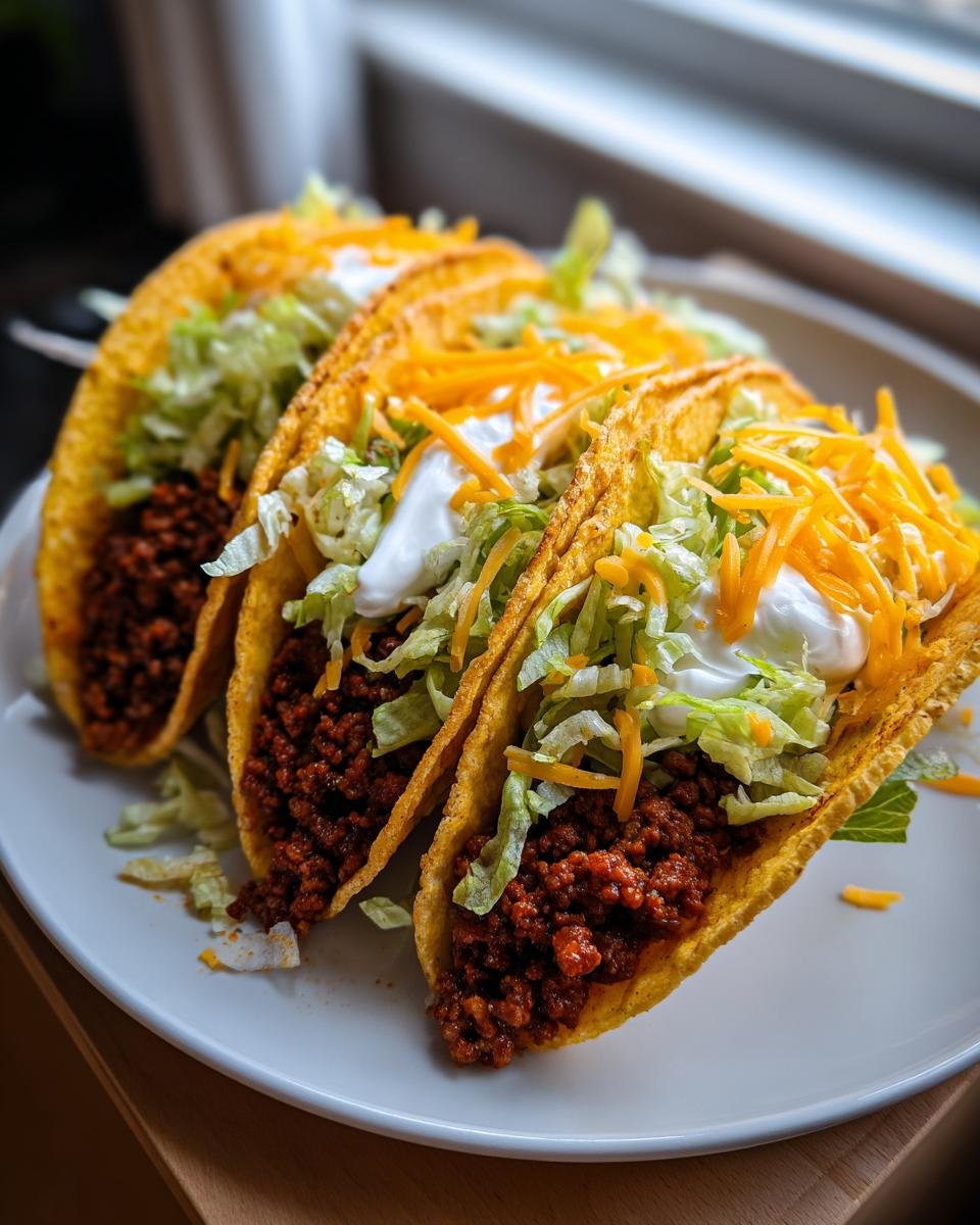 Three crunchy tacos filled with seasoned ground turkey, shredded lettuce, cheese, and sour cream.