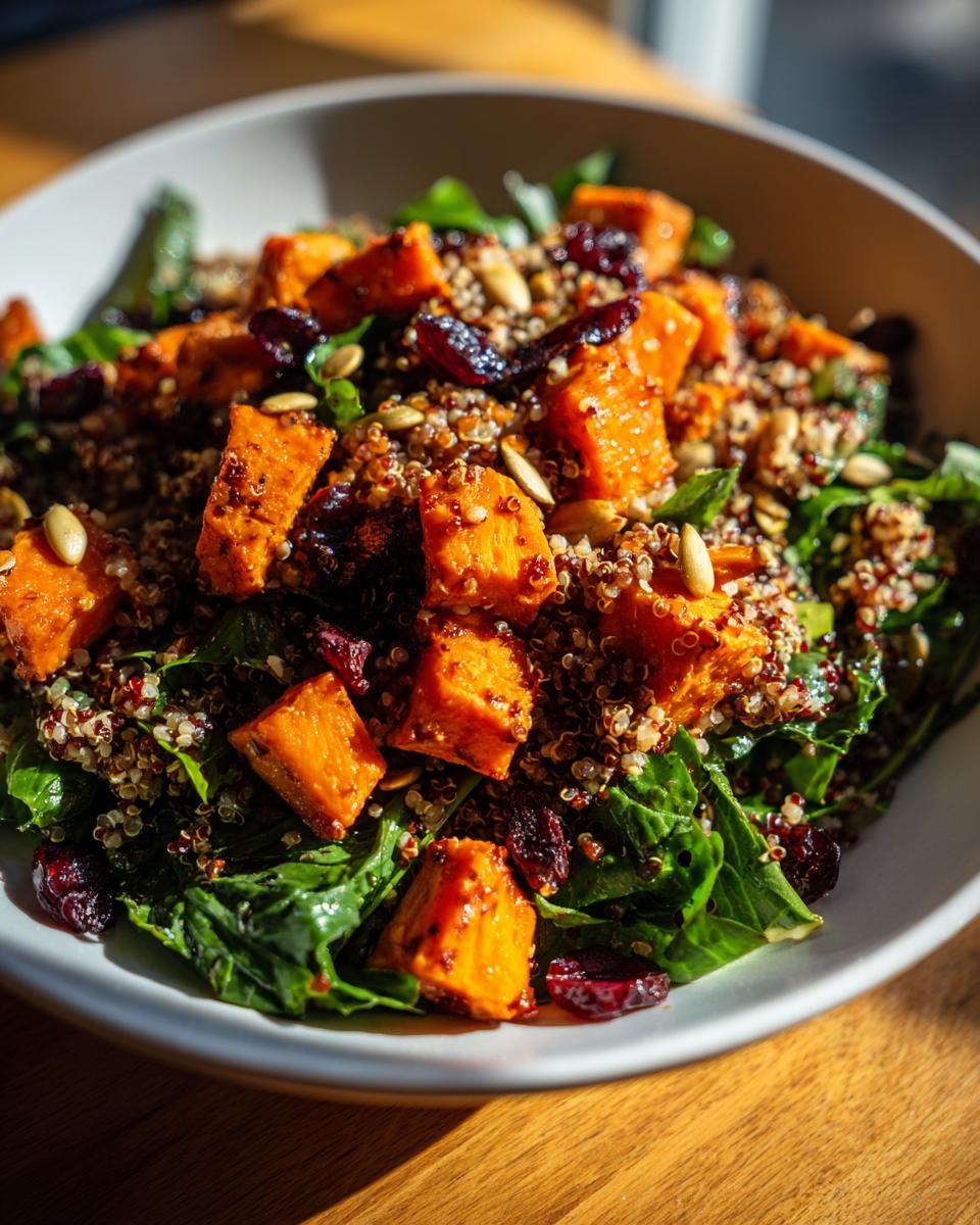 Close-up of a vibrant Harissa Roasted Sweet Potato Power Salad featuring greens, quinoa, dried cranberries, and seeds.